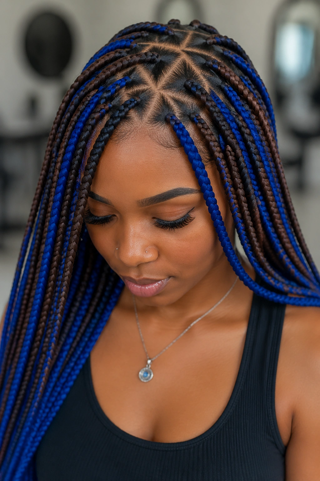 Real person with triangle-part cocoa and royal blue braids.