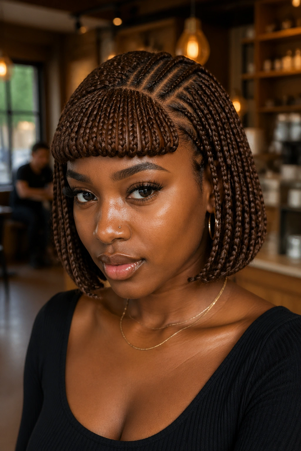 Close-up of a real person with a coffee bean cornrow bob and a thick bangs across the forehead in a cafe setting.