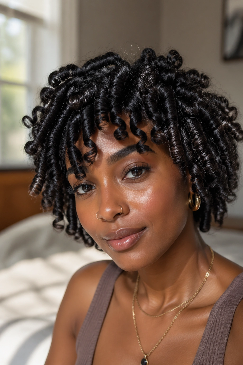 Close-up of real woman with Coil Curl Bantu Knot-Out coils in warm window light