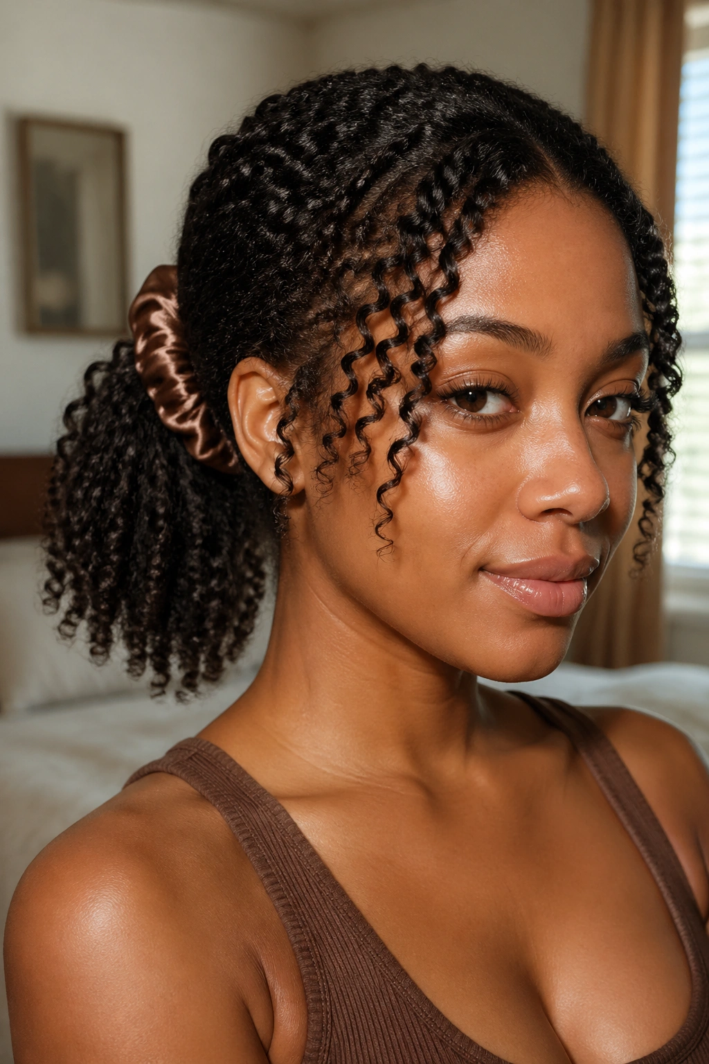 Close-up of real woman with a protective coil curl ponytail secured by satin scrunchie in warm window light