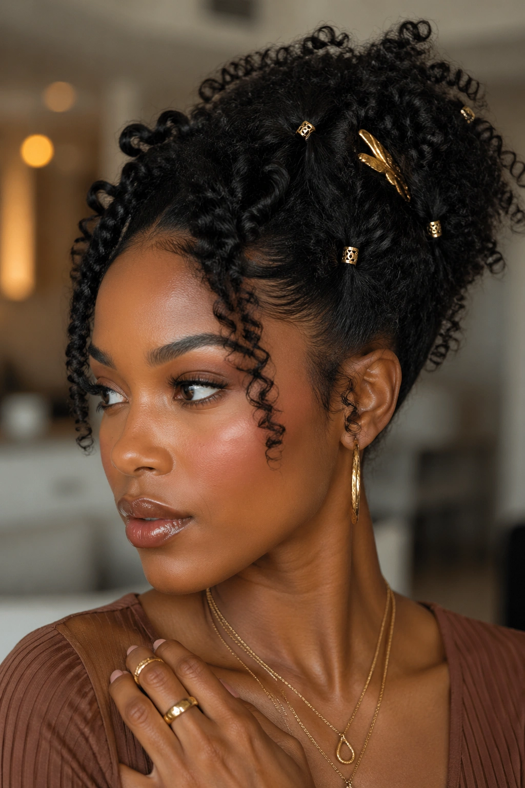 Real woman with textured coil updo accented by gold pins