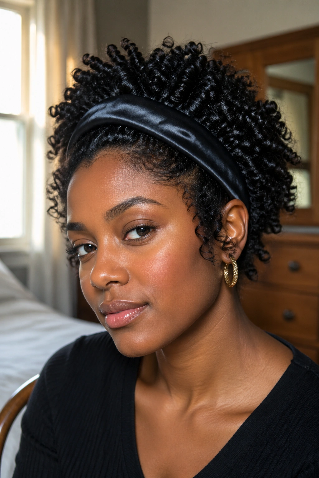 Close-up of a real woman with coil curls and a satin-lined headband at the hairline