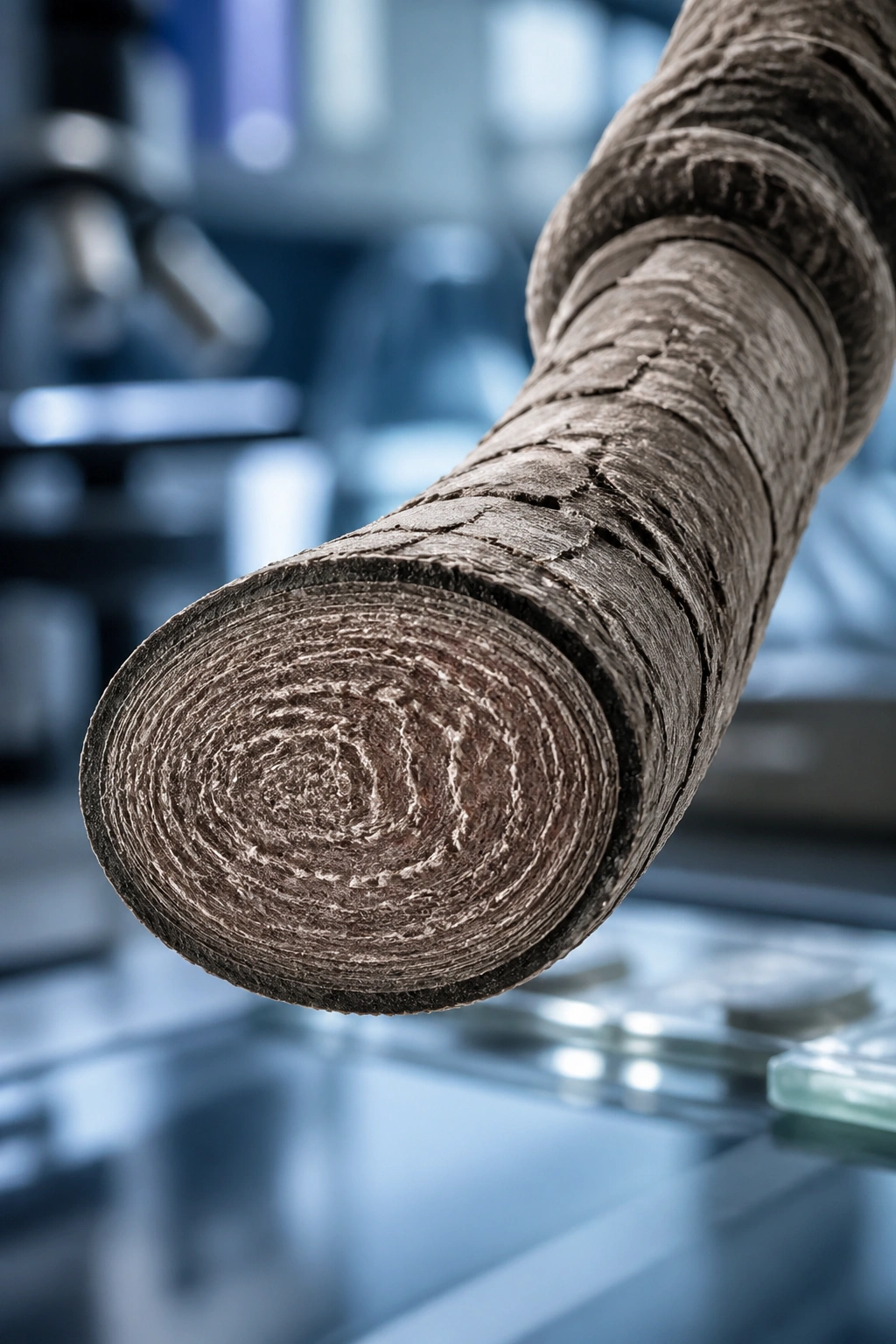 Close-up of a hair strand showing oval cross-section and coil pattern in lab setting
