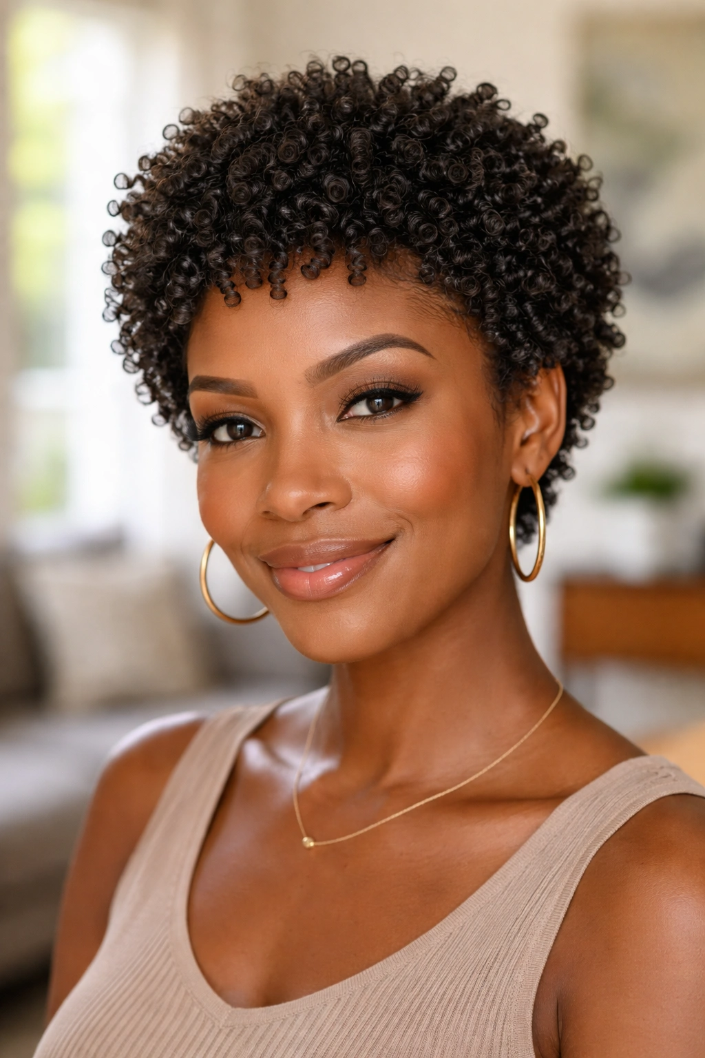 Close-up of a woman with a coil-out Afro showing defined coils