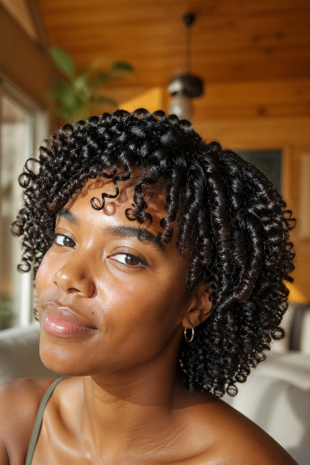 Close-up of a real person with defined coil-out curls.