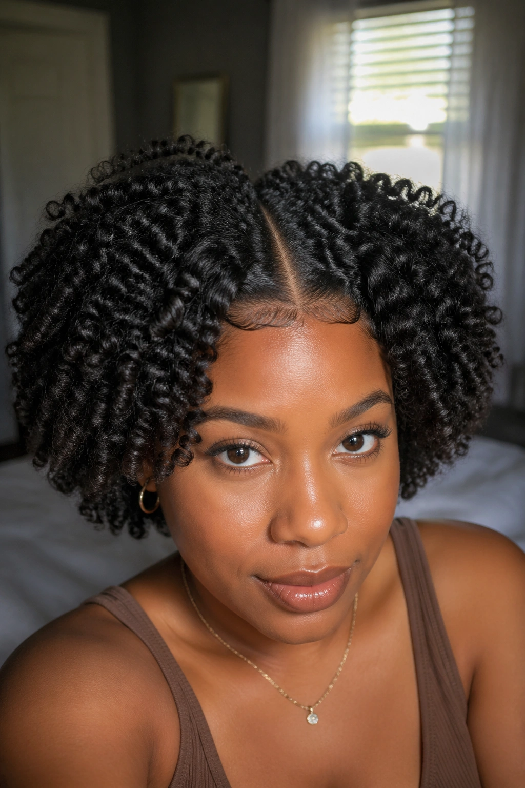 Close-up portrait of a real woman with a defined coil-out and crisp part along the scalp