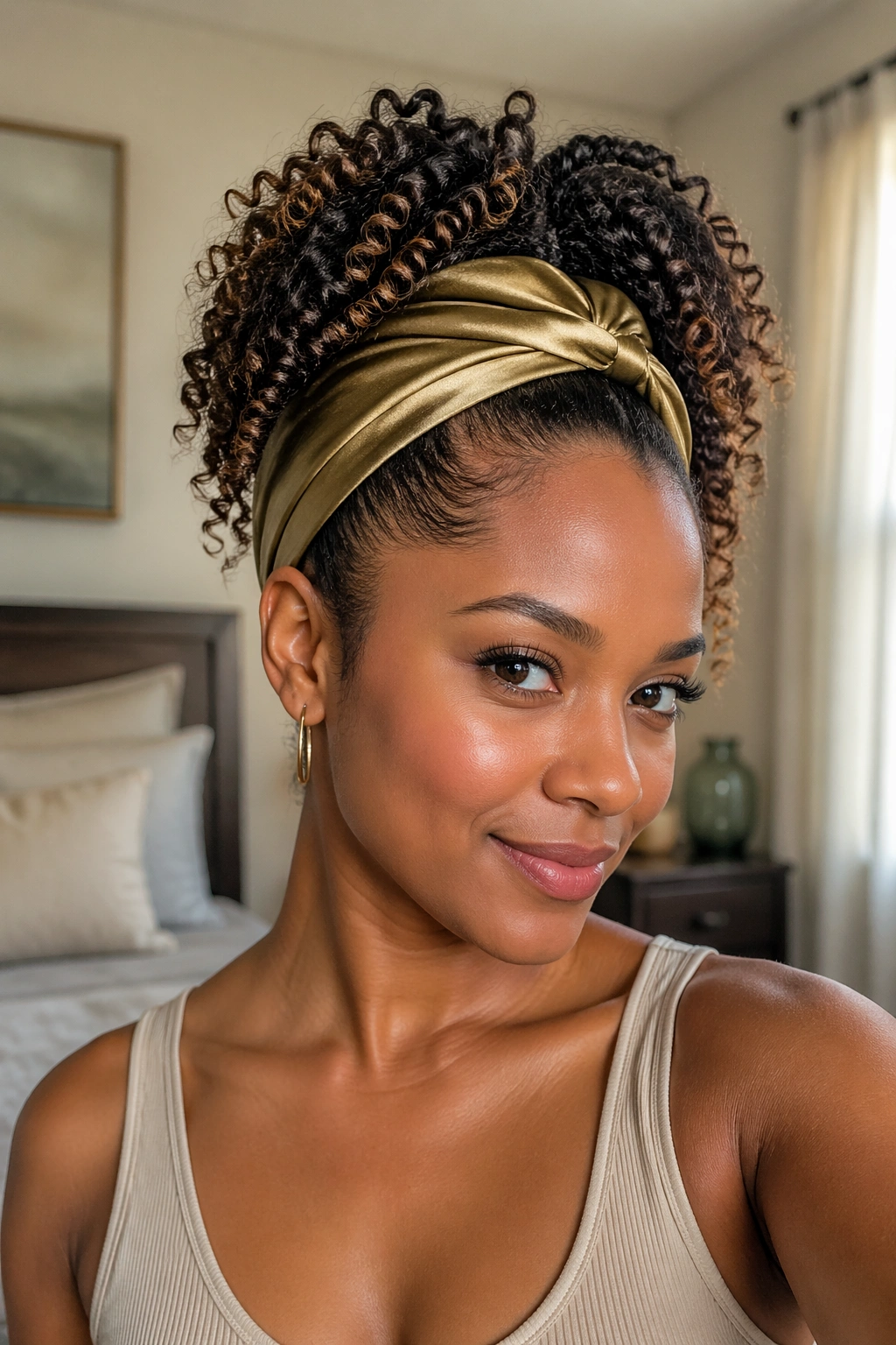 Close-up of a real woman with defined coils in a high ponytail and silk headband