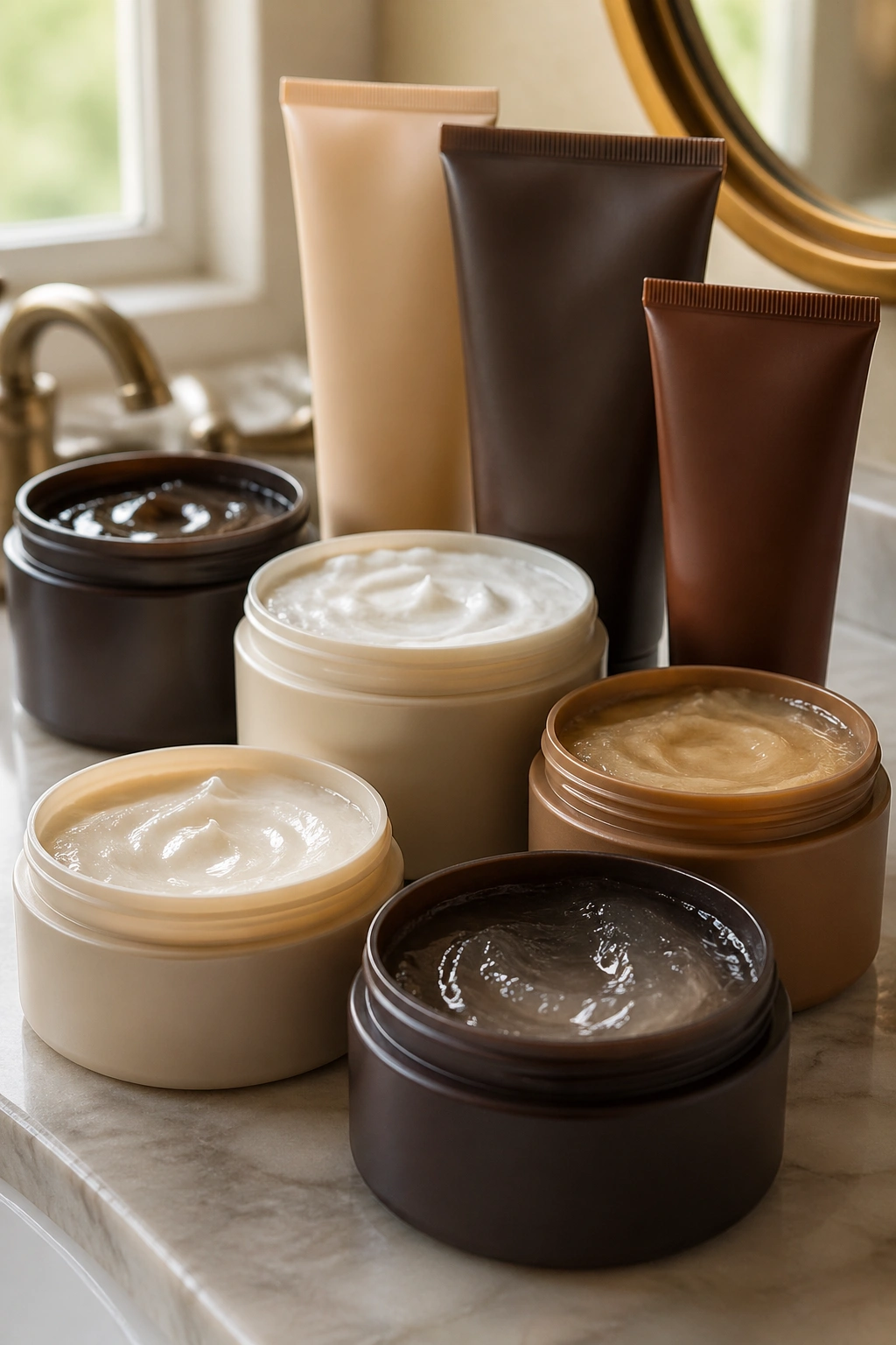 Unlabeled hair care containers for coil styling on bathroom counter