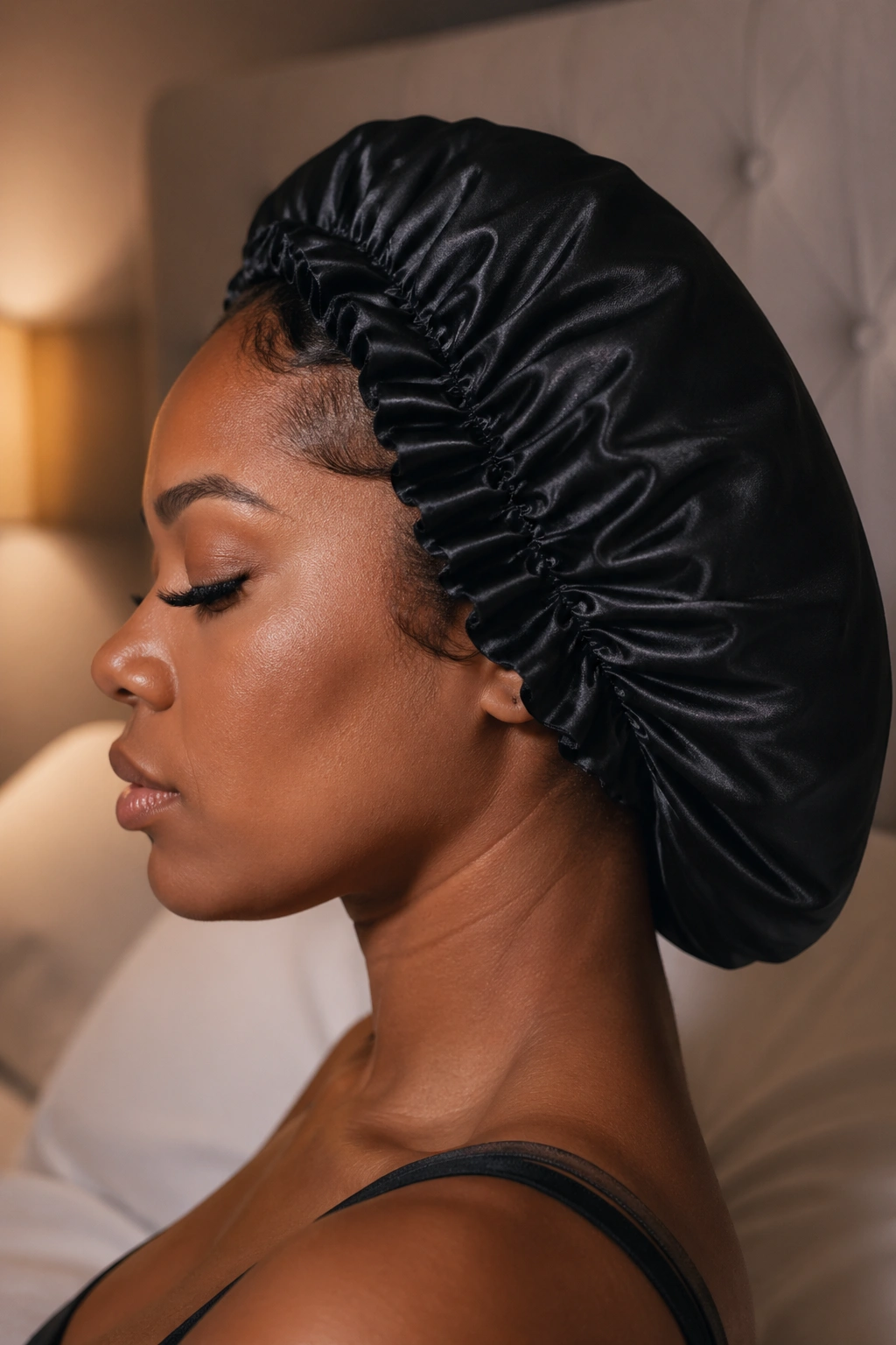 Person wearing satin bonnet protecting coil curls in bedroom