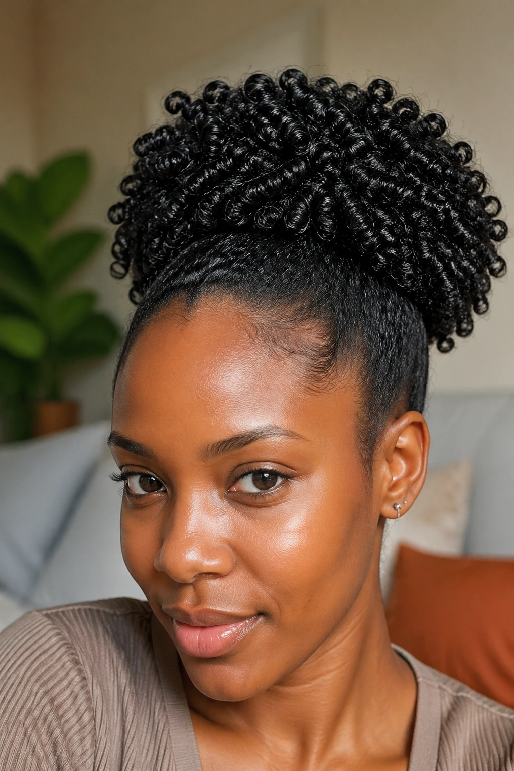 Close-up of defined coil puff on short natural hair with glossy crown coils