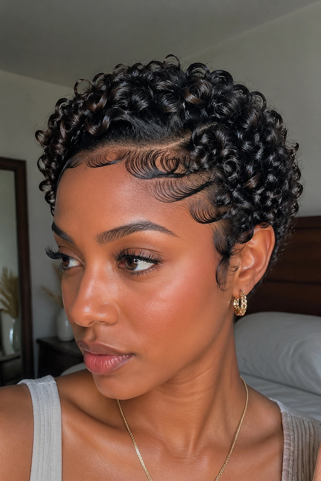 Close-up of defined coil set with edge art on short natural hair
