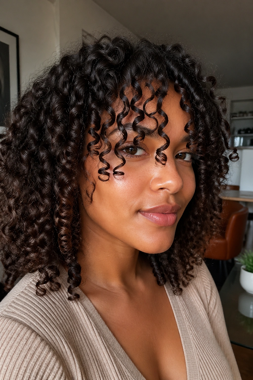 Close-up of curtain bangs with defined coil tips curling at the ends
