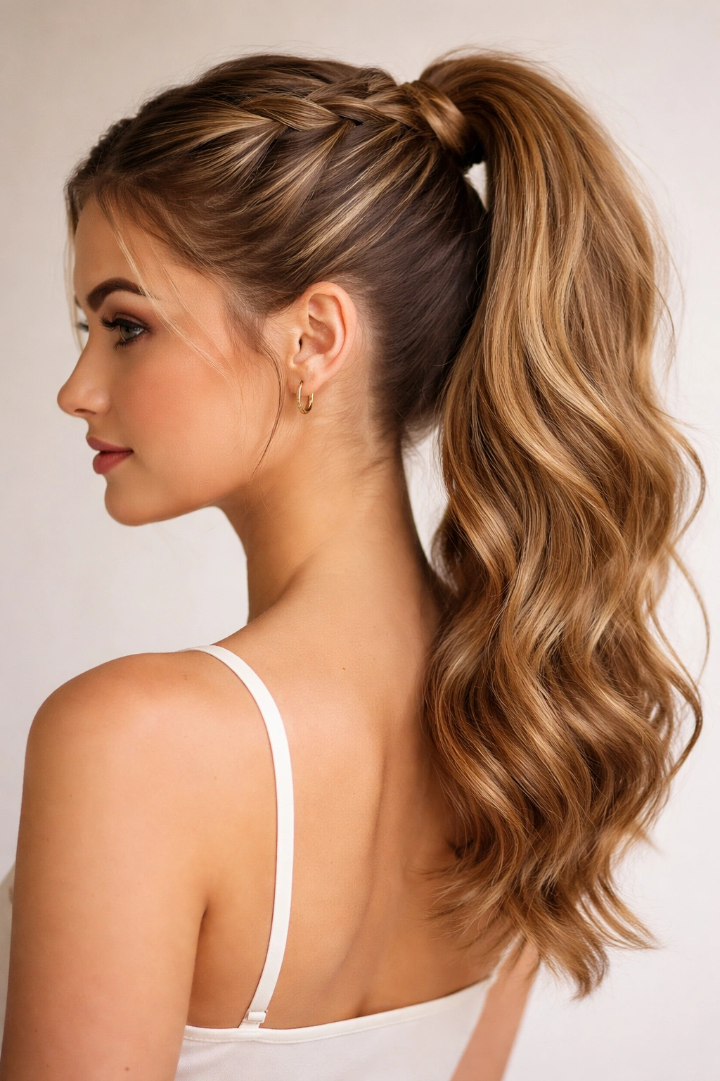 Close-up of a high ponytail with a slim coil around the elastic
