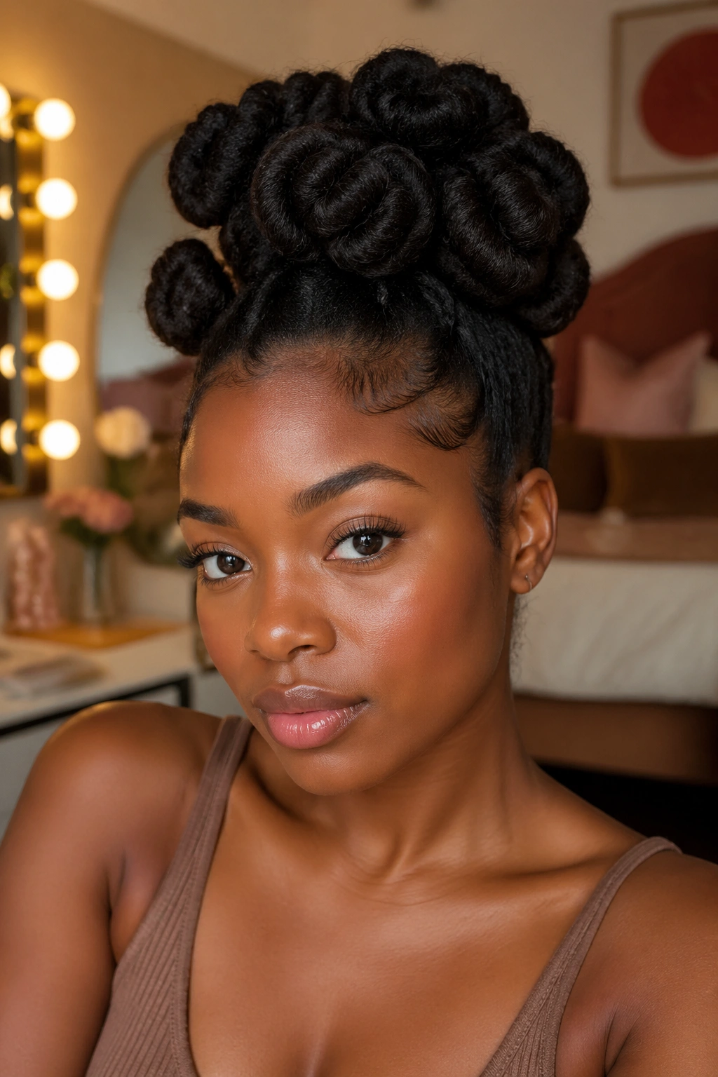 Real woman with a coiled bun made of chunky twists at the crown
