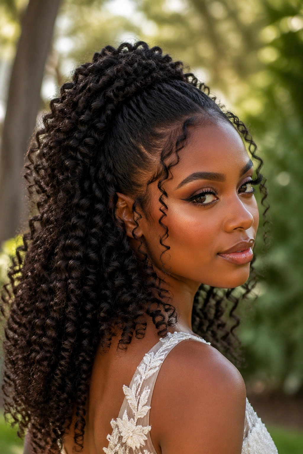 Real woman with a half-up hairstyle featuring a coiled extension at the crown.