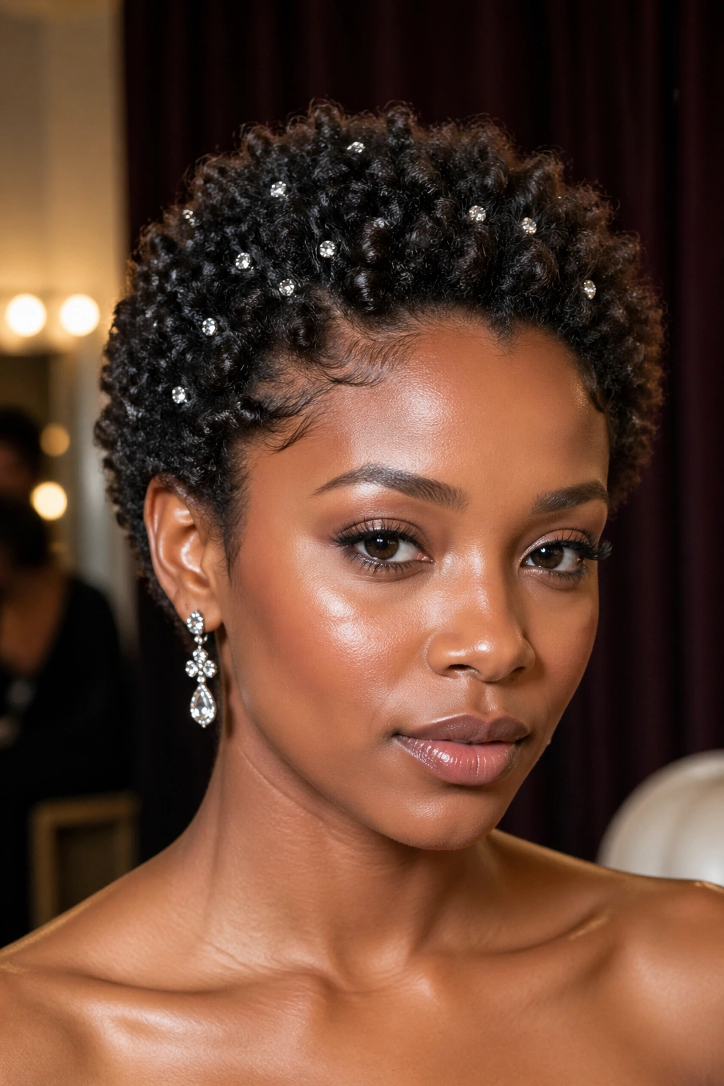 Real woman with short natural hair and rhinestone pins between coils