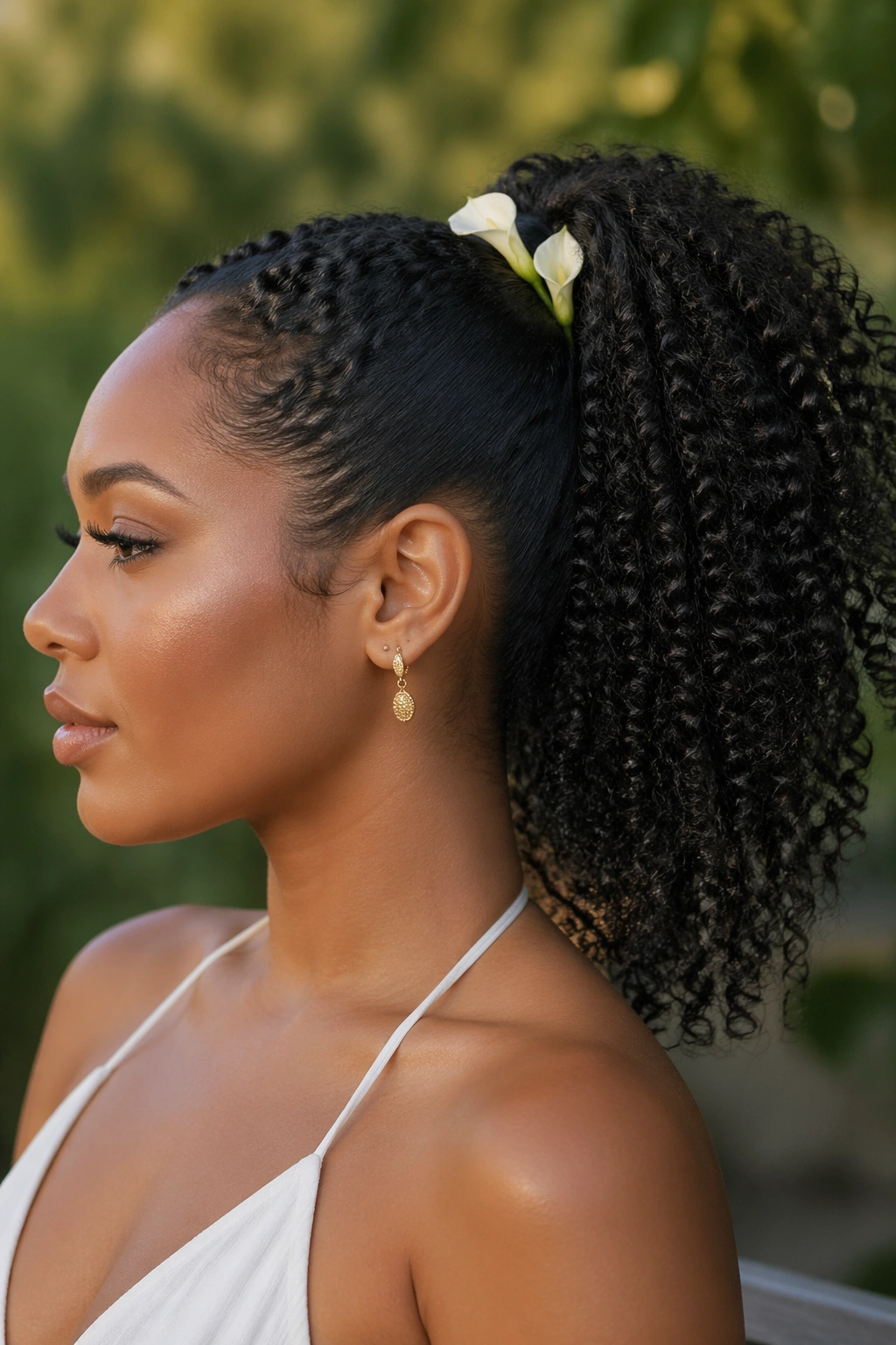Close-up of a real woman's coily ponytail with small calla lilies tucked at the base.