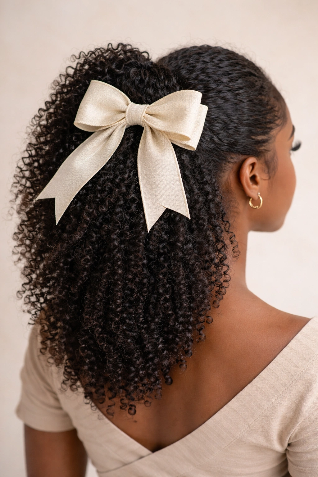 Coily hair in a half-up ponytail with a centered structured bow