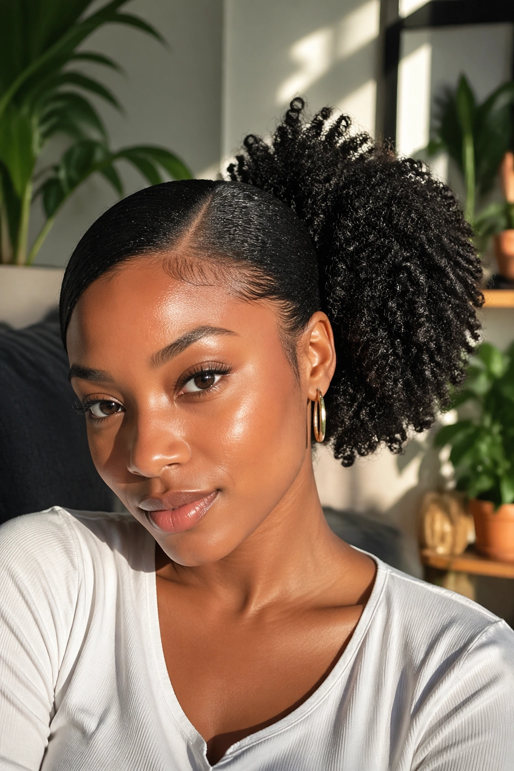 Close-up portrait of a real Black woman with a coily side-part puff ponytail and visible texture