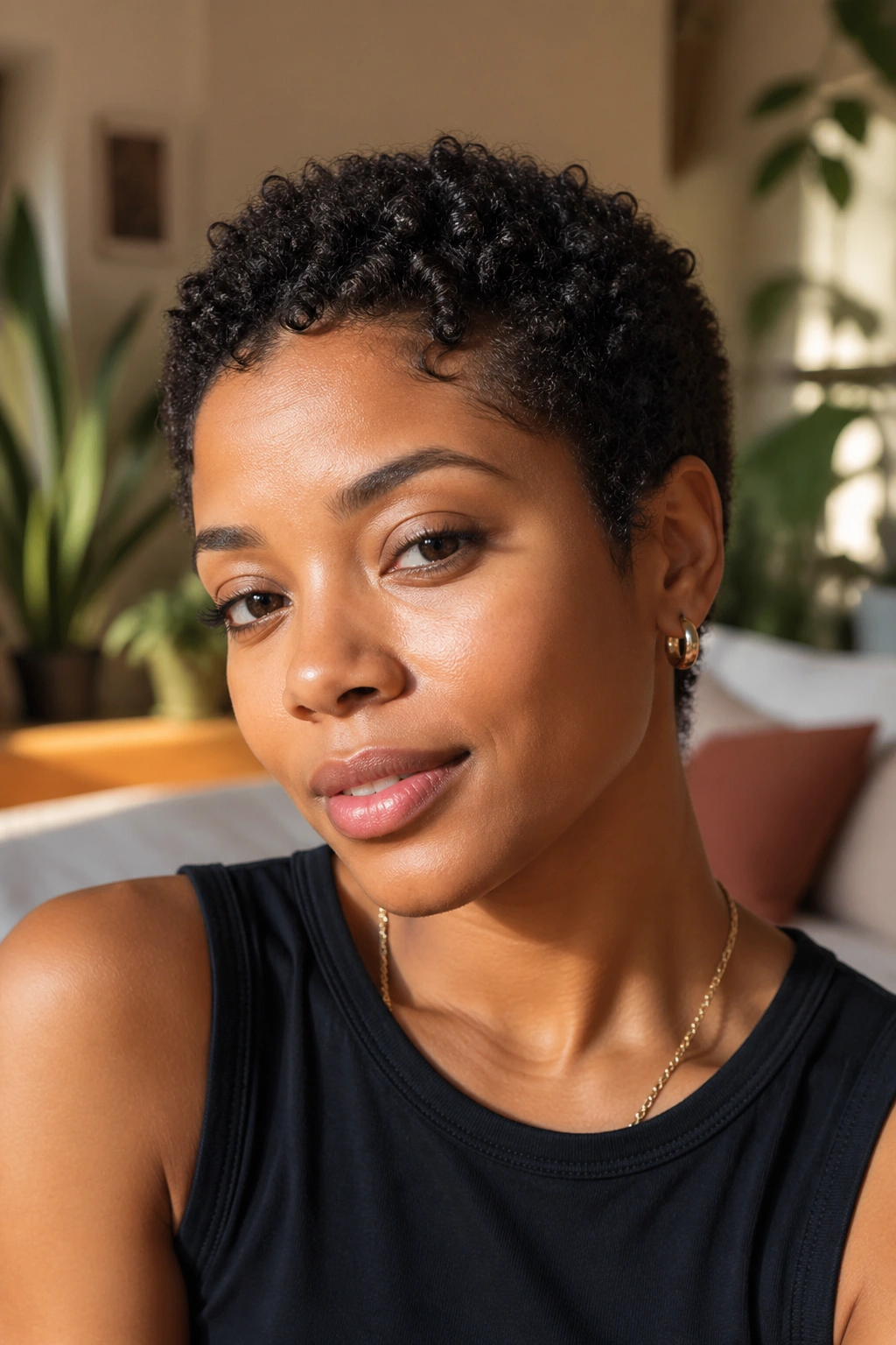 Portrait of a real person with a coily pixie cut showing tight 4B-4C curls