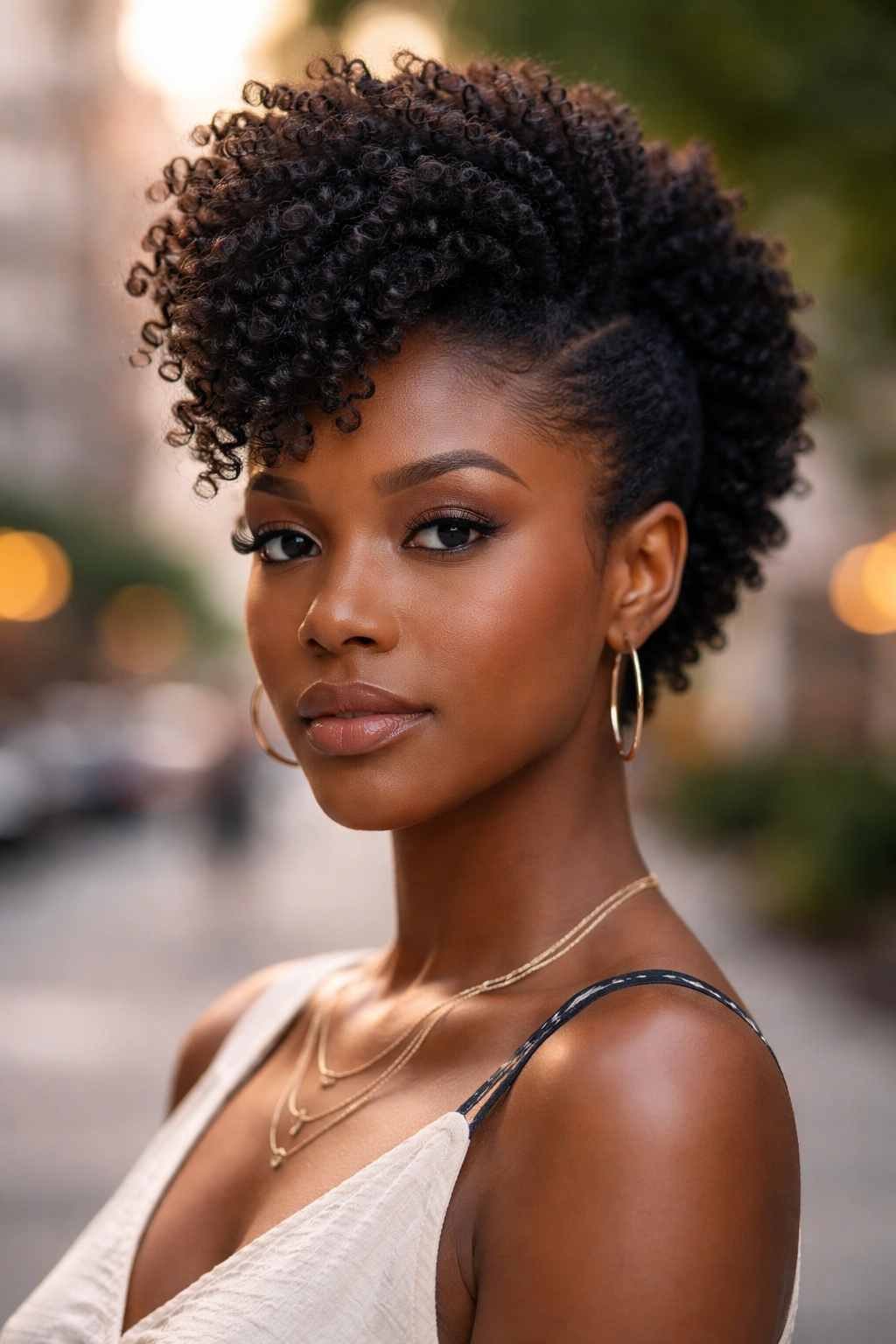 Close-up of a real person with a coily pompadour-inspired small afro featuring a high front peak.