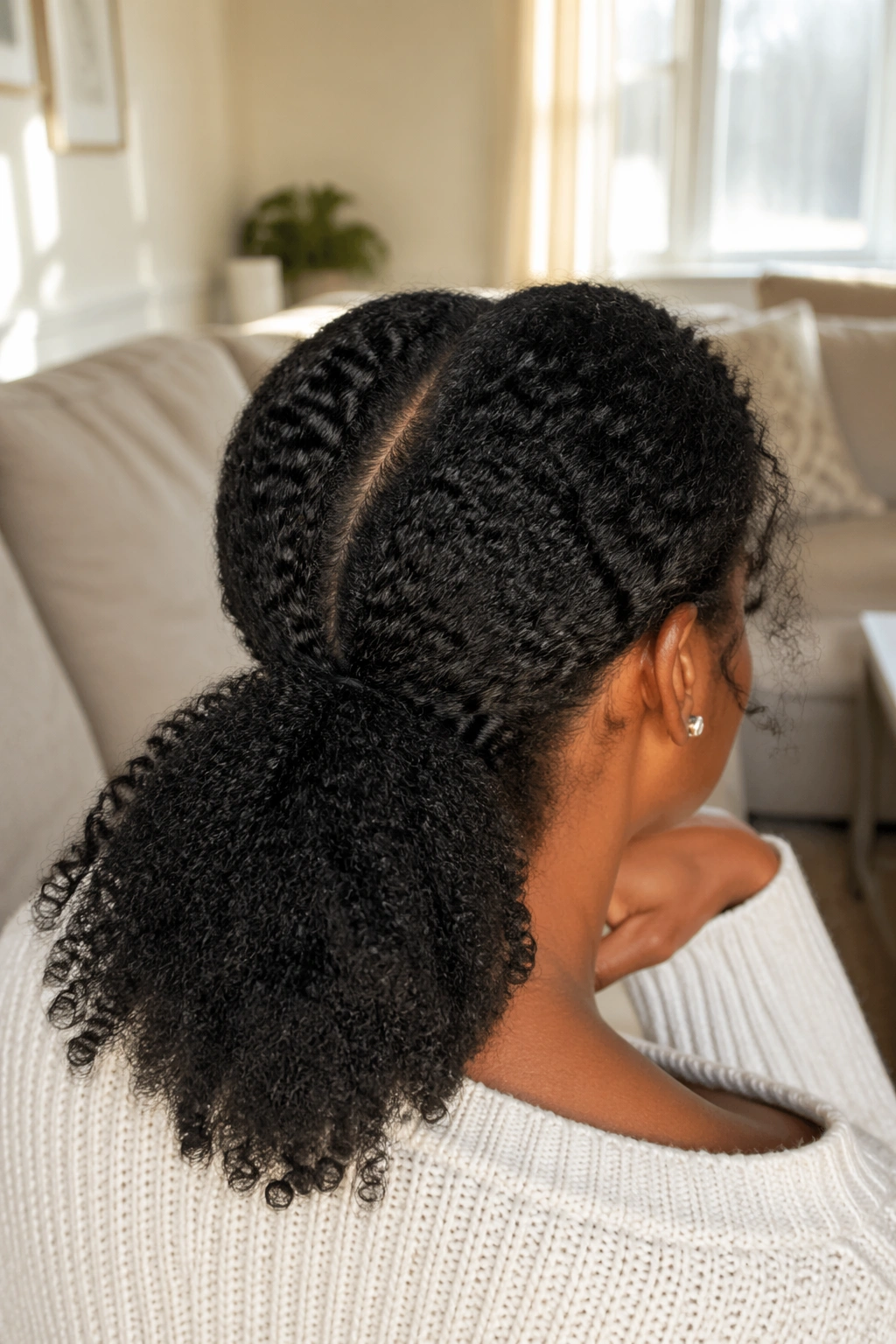 Over-the-shoulder view of natural coils in a low V part ponytail.