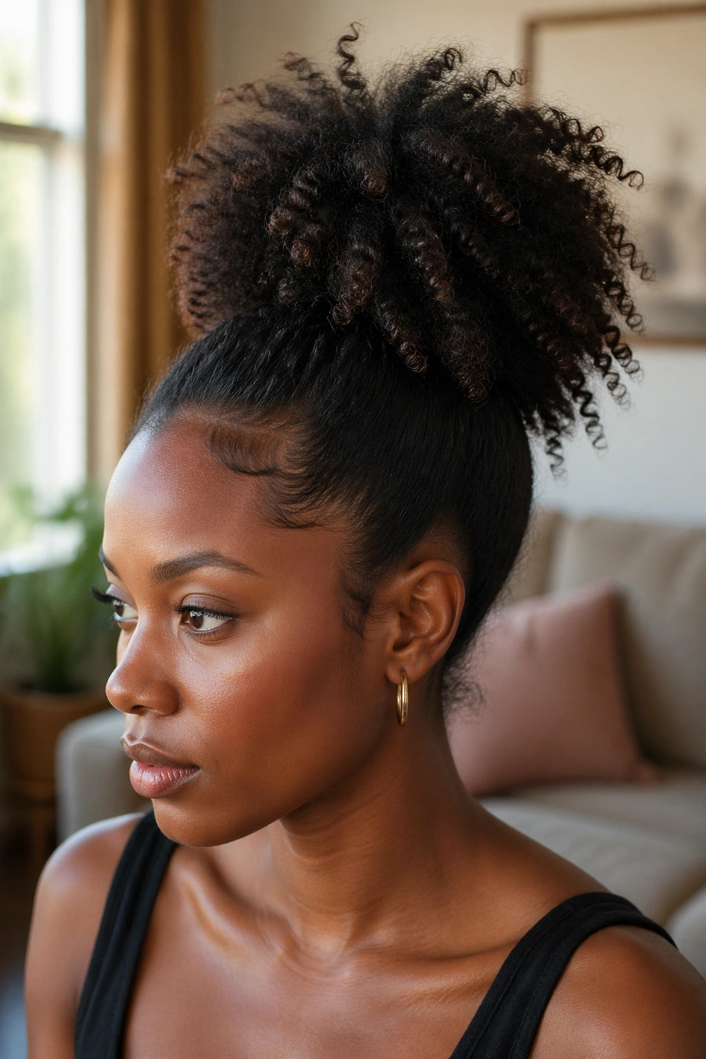 Close-up of a real person with a high coily puff ponytail showing voluminous crown coils.