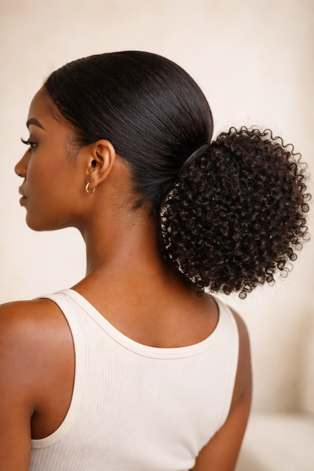 Coily puff low ponytail with a soft nape puff and smooth base