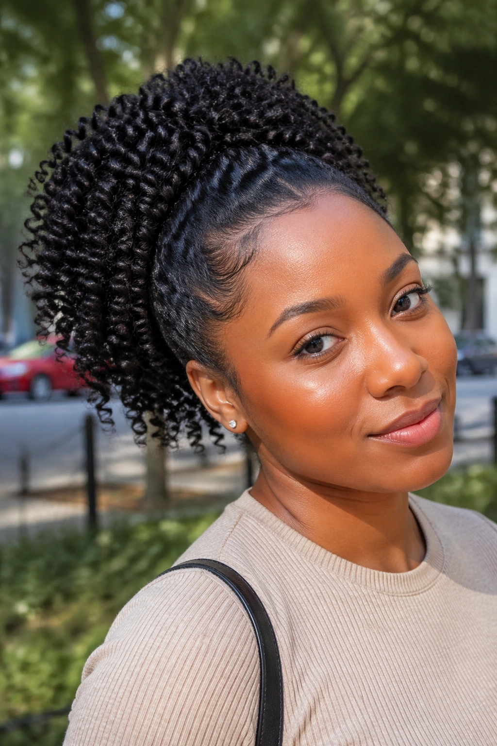 Close-up portrait of a real woman wearing a coily texture drawstring ponytail