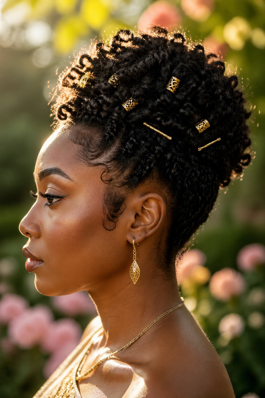Side-profile of coily updo with gold accessories on a real person in an outdoor garden at golden hour.
