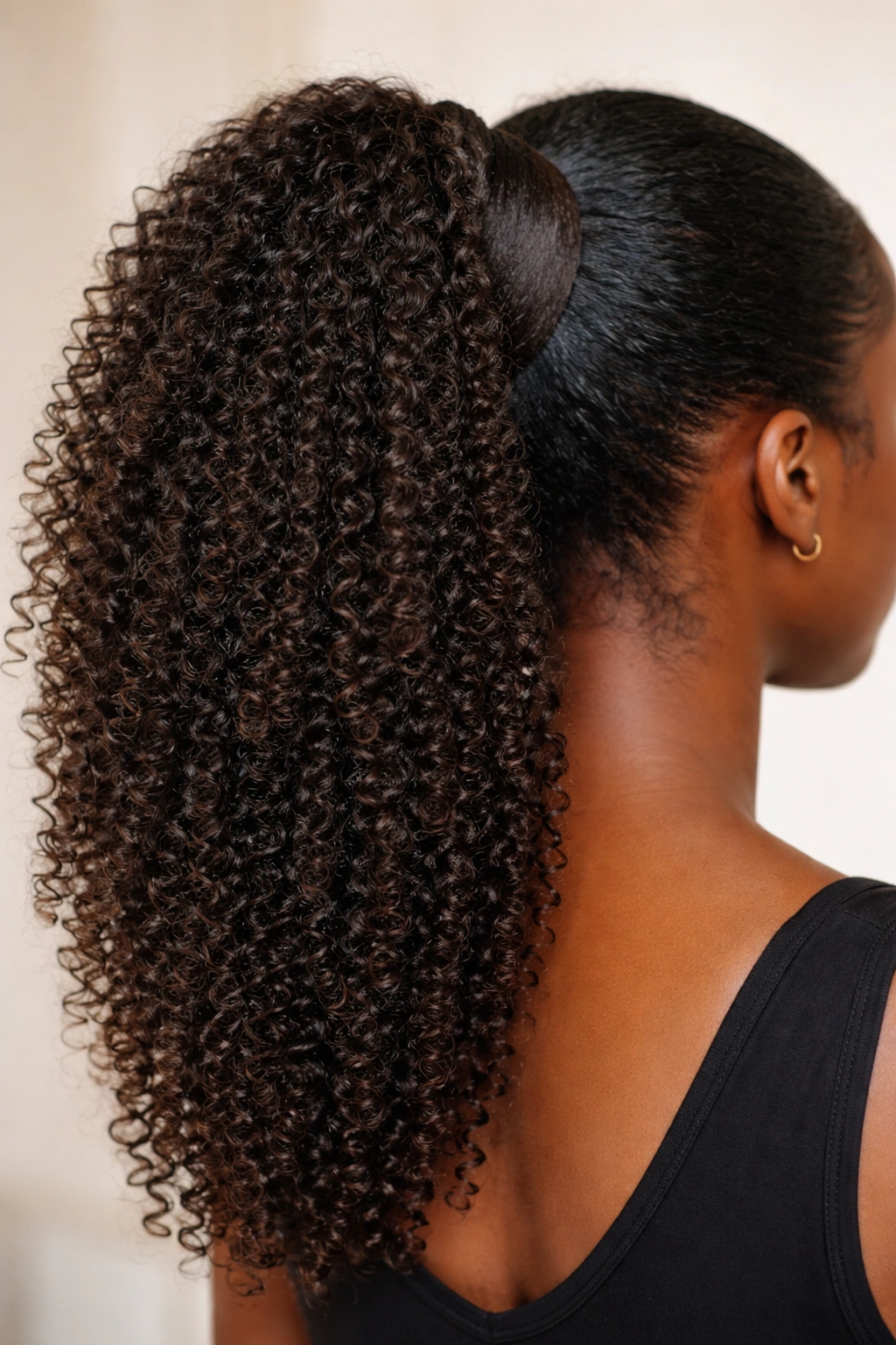 Close-up of coily textured wrap-around ponytail with Velcro attachment blending into 4C hair