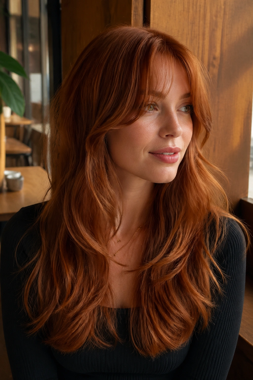 Real woman with collarbone bangs melt into long layers on thick red hair.