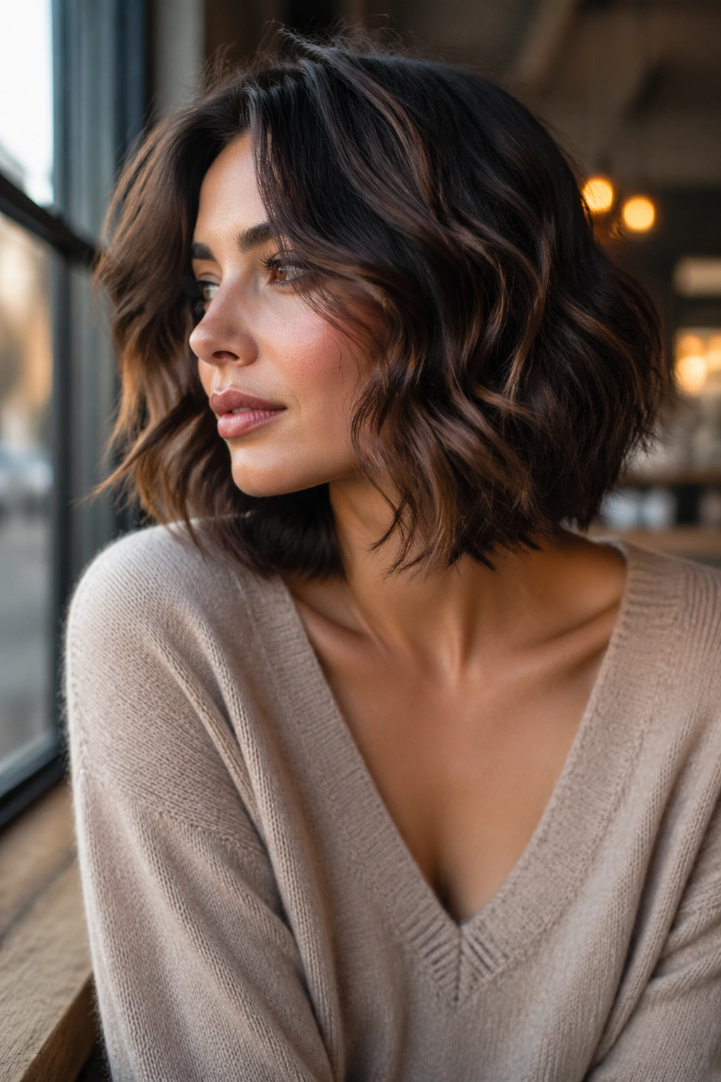Real-woman portrait with collarbone-length bob and subtle underlayers in natural light.
