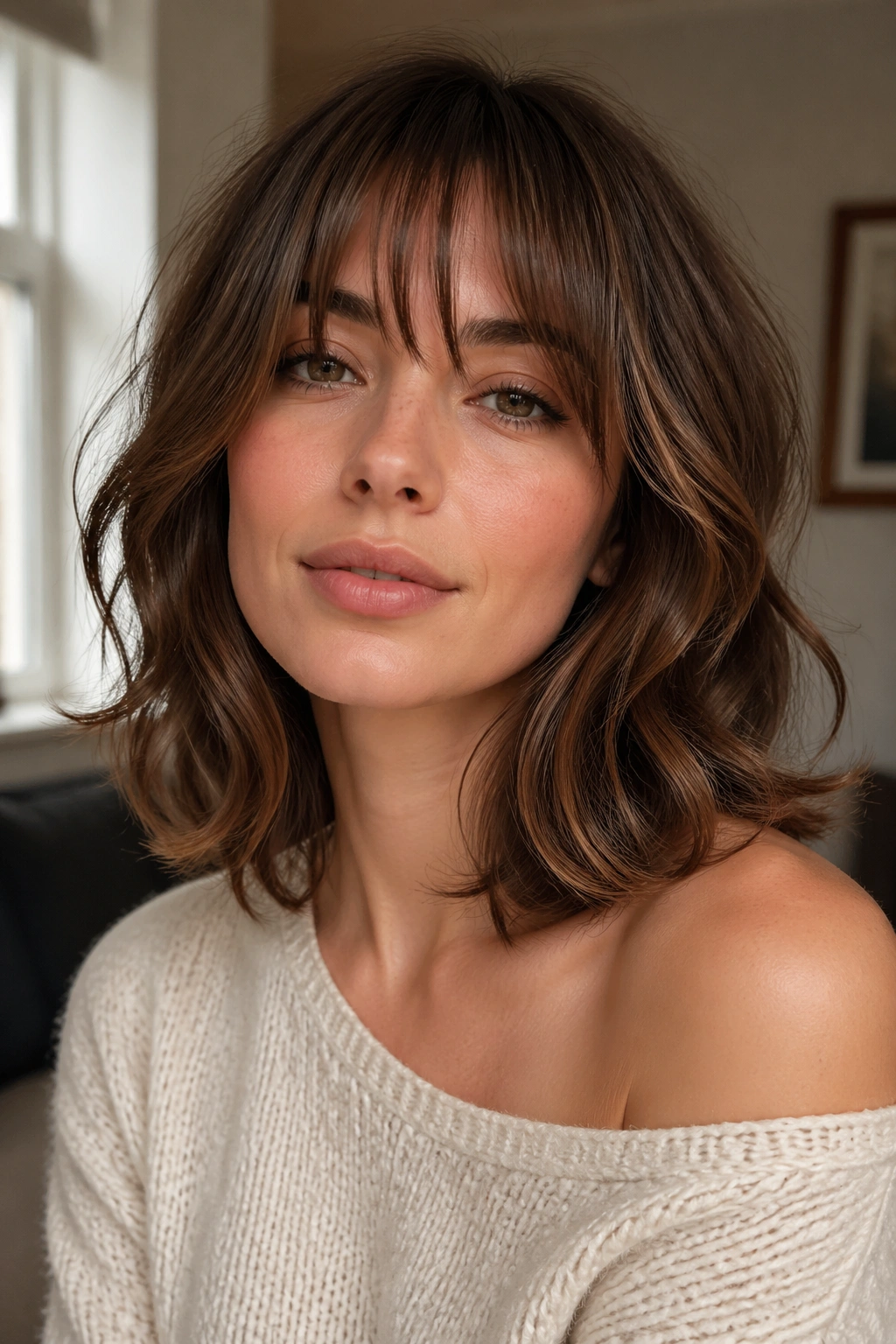 Close-up portrait of a real woman with a collarbone butterfly cut and airy bangs in window light.