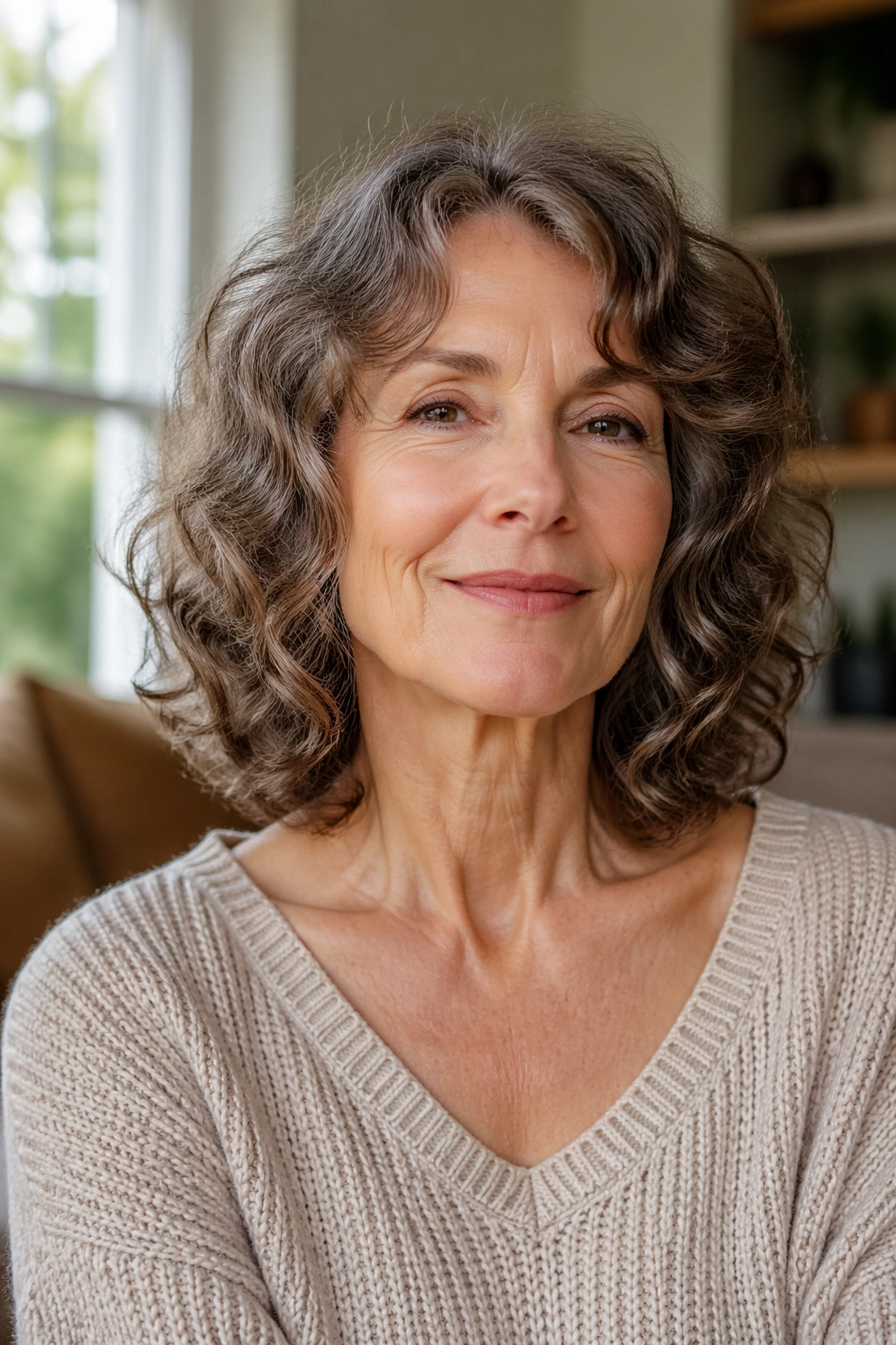 Close-up of real woman with collarbone-length curls and invisible layers in warm window light