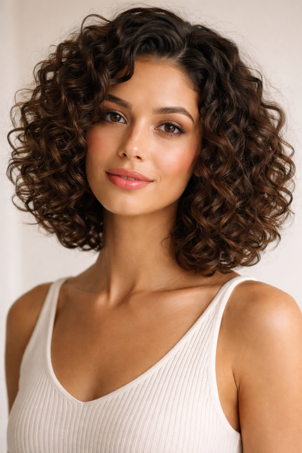 Portrait of a collarbone-length curly bob with defined curls and collarbone-level length.