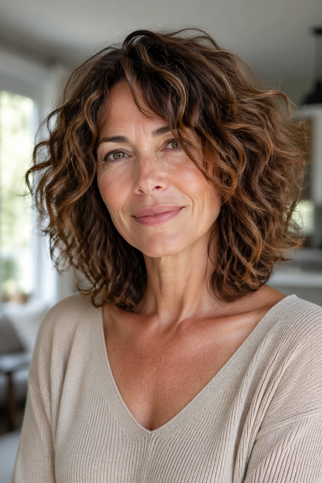 Portrait of woman with collarbone-length cut and chunky layers