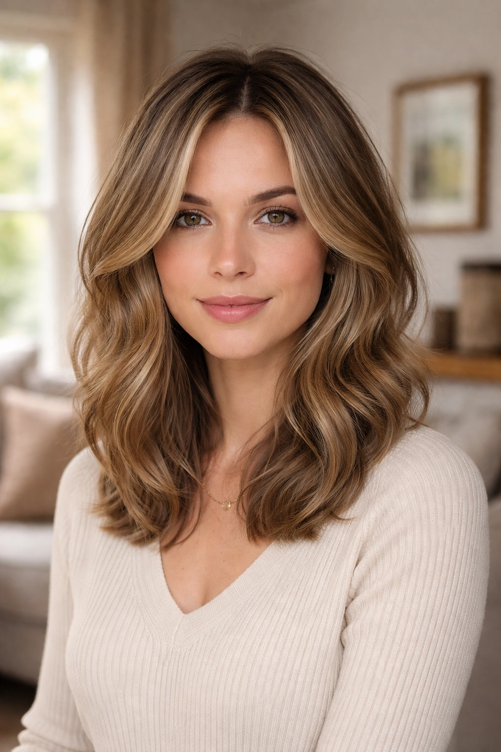 Close-up of a real woman with collarbone-length haircut and invisible layers