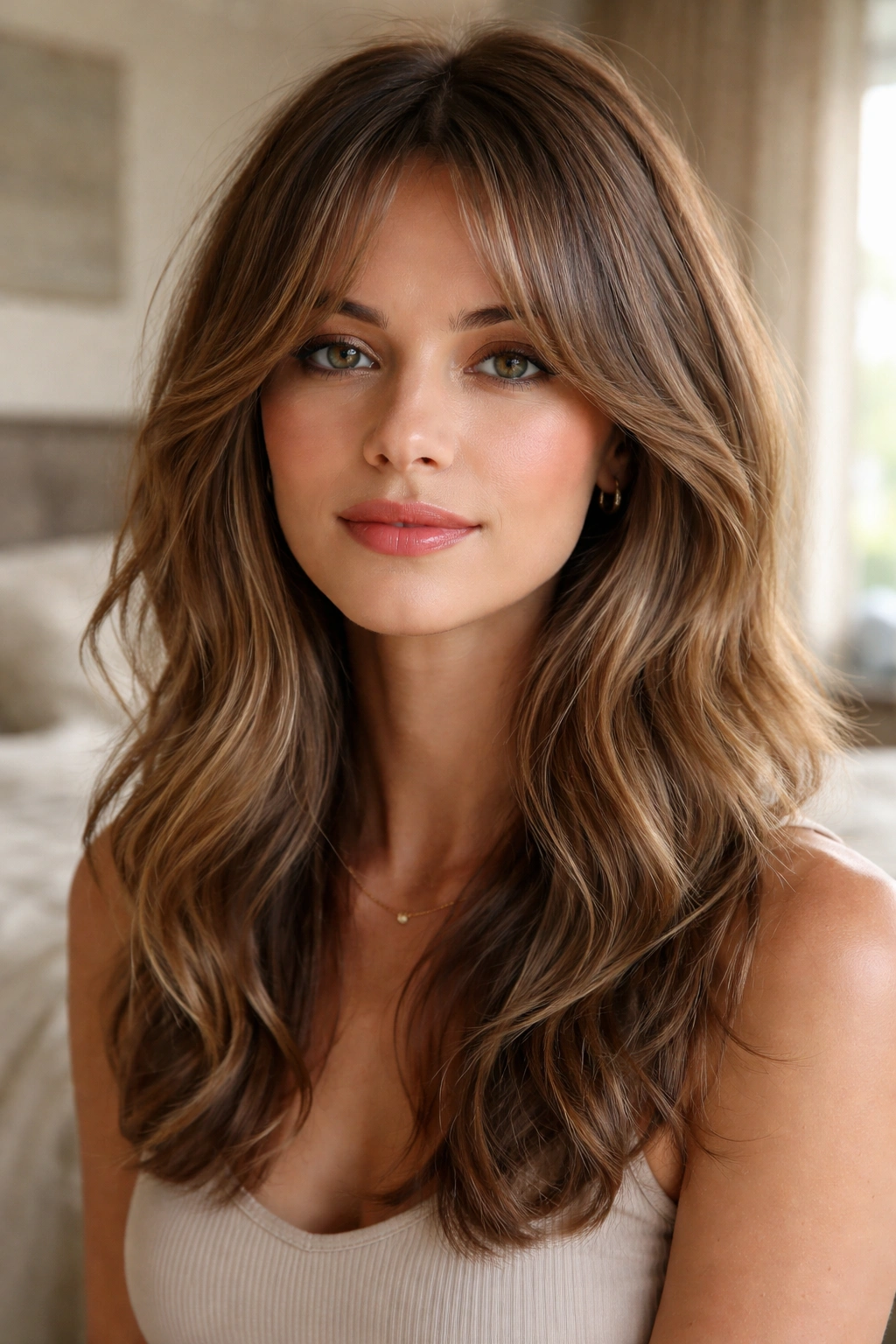 Close-up portrait of a real woman with collarbone-layer curtain bangs blending into longer layers.