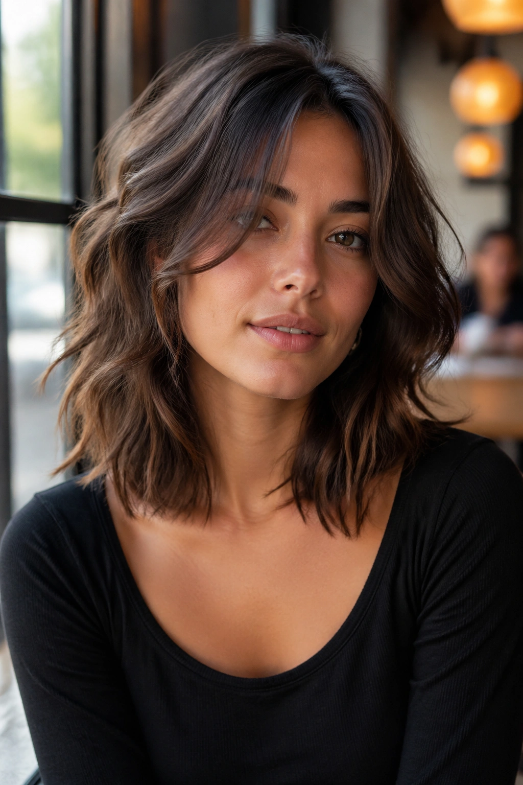 Close-up portrait of a real woman with collarbone-length face-framing shag in cafe light