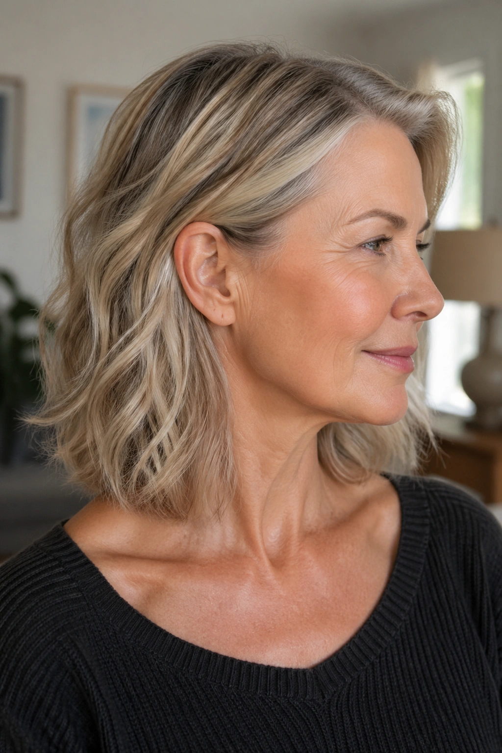 Close-up of a real woman with collarbone-length haircut and invisible layers in a cozy room.