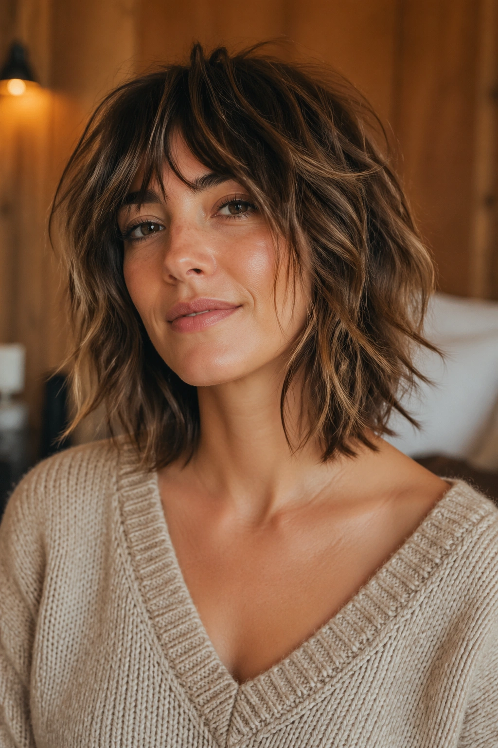Close-up of a real woman with collarbone-length shag bob and broken ends