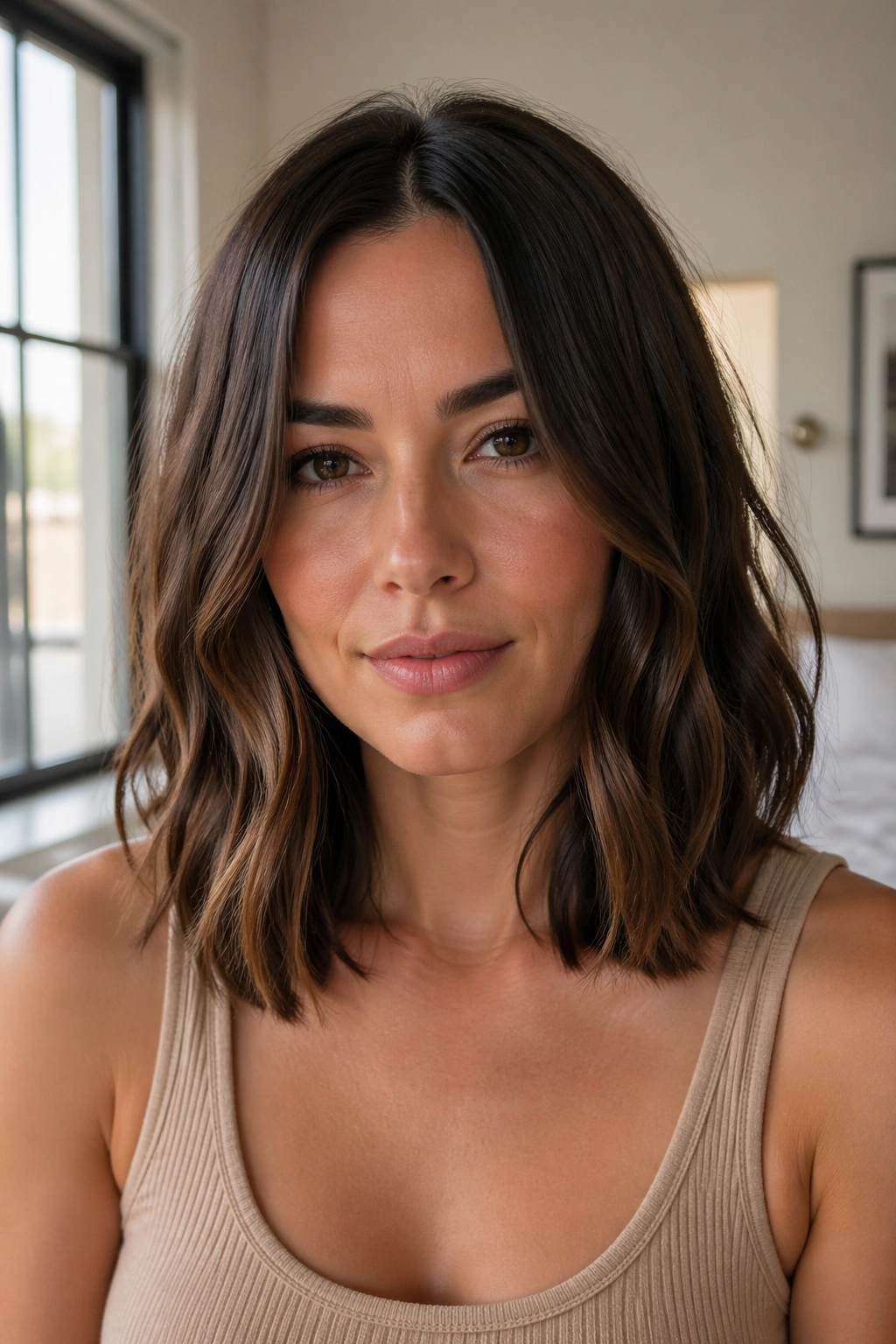 Close-up portrait of a real woman with a collarbone-grazing center-part wavy lob