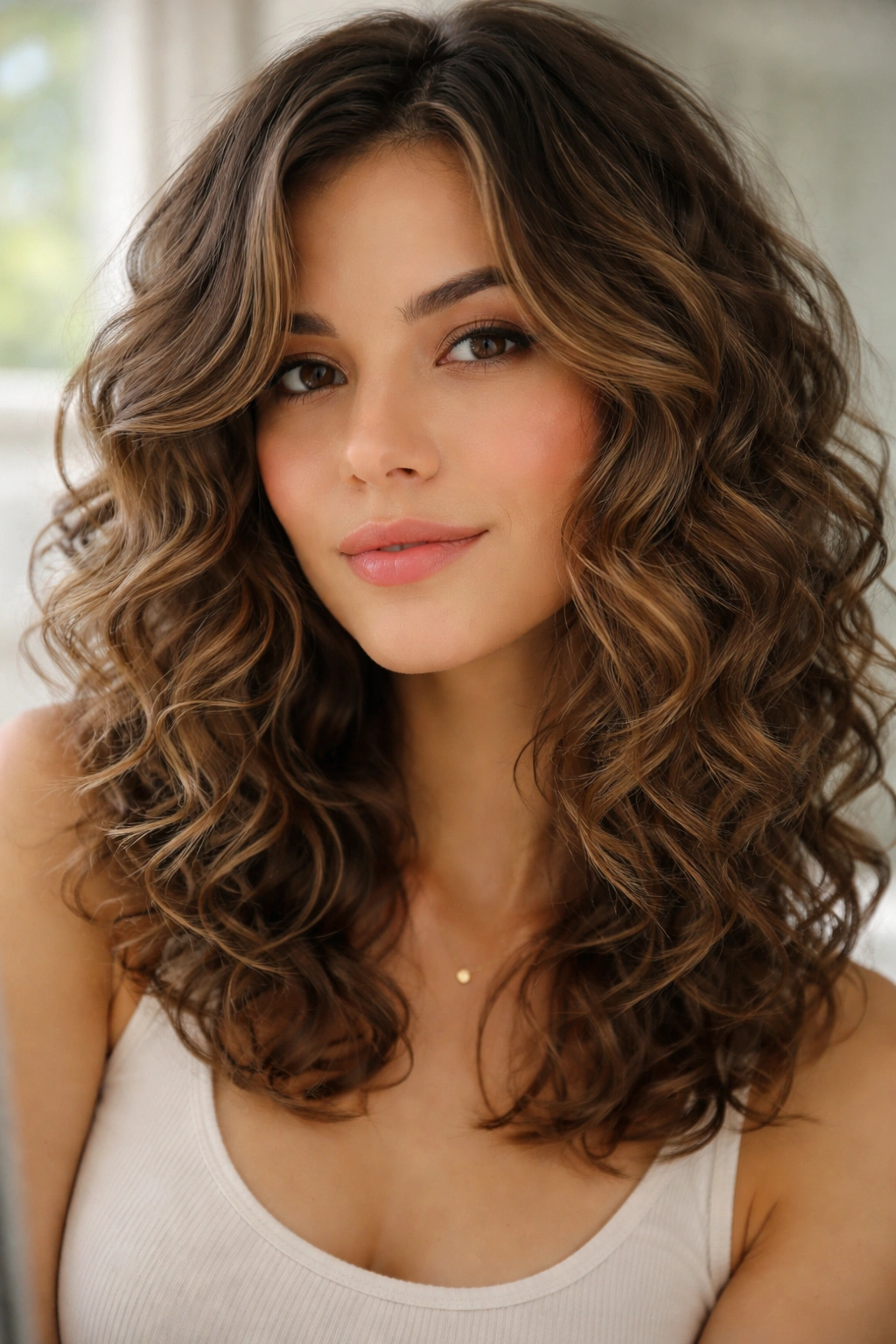 Close-up of Collarbone Lob front layers in soft bathroom light