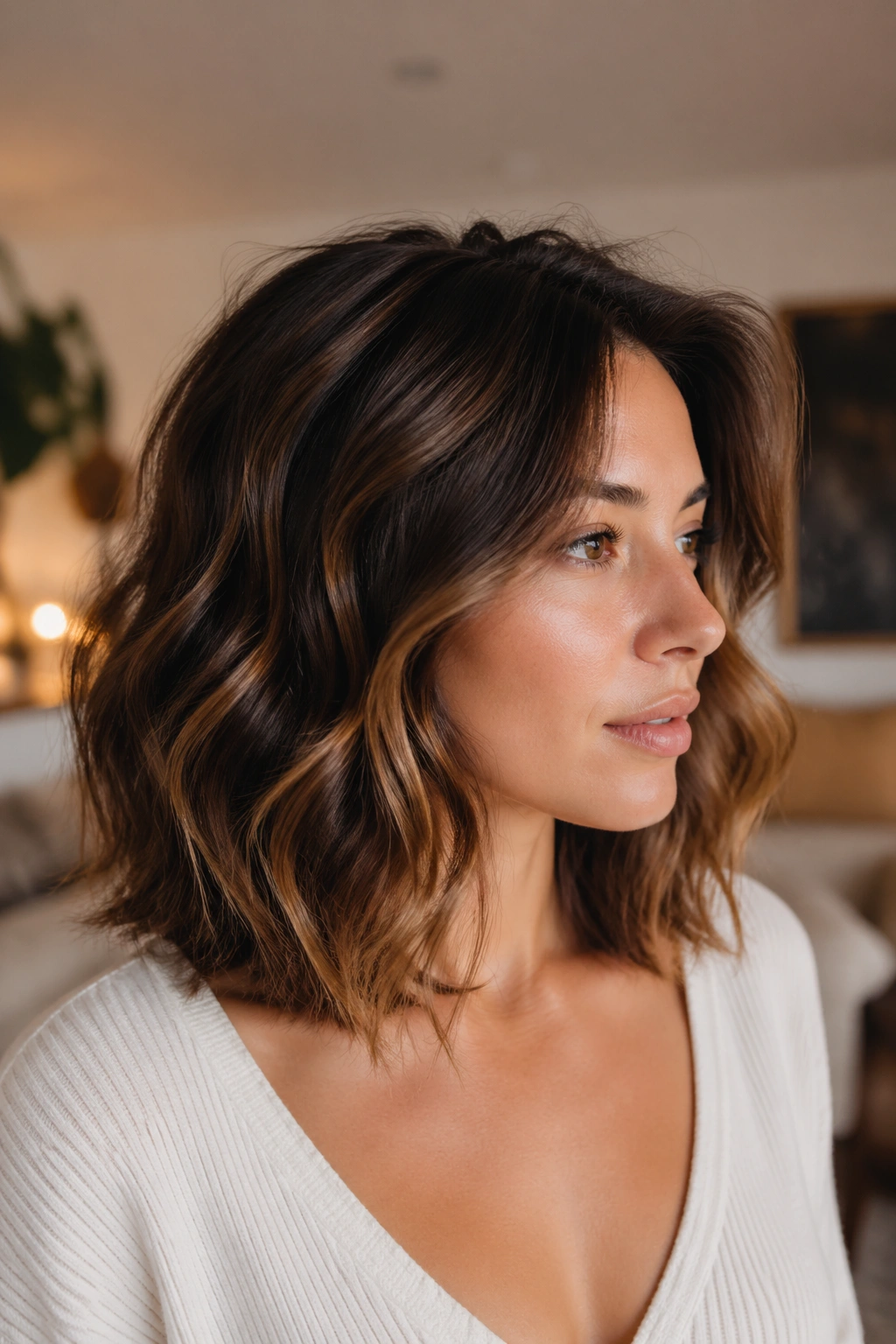 Close-up portrait of a real woman showing a collarbone-length lob with internal layers and waves.