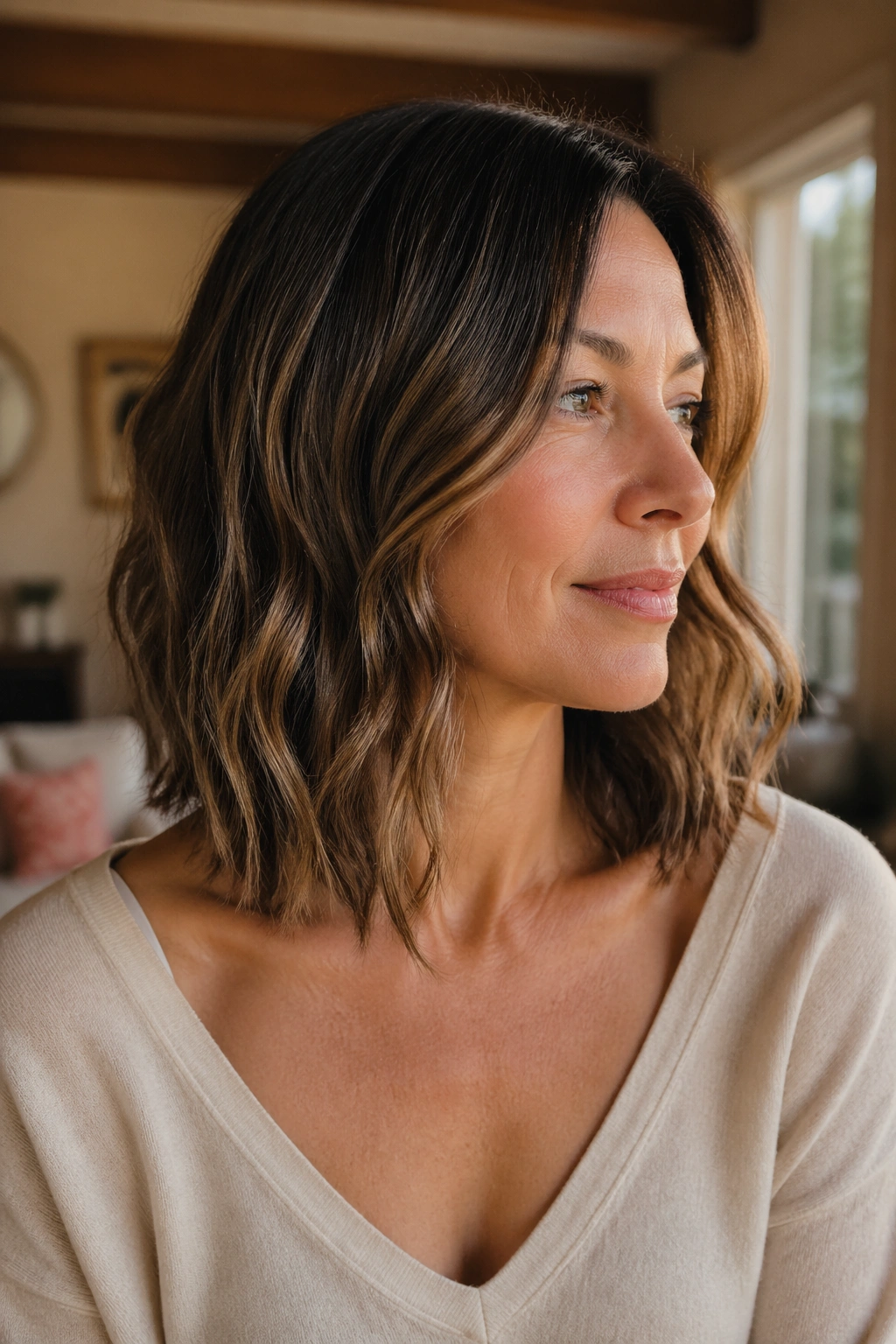 Close-up portrait of a real woman with a collarbone-length lob showing invisible layers