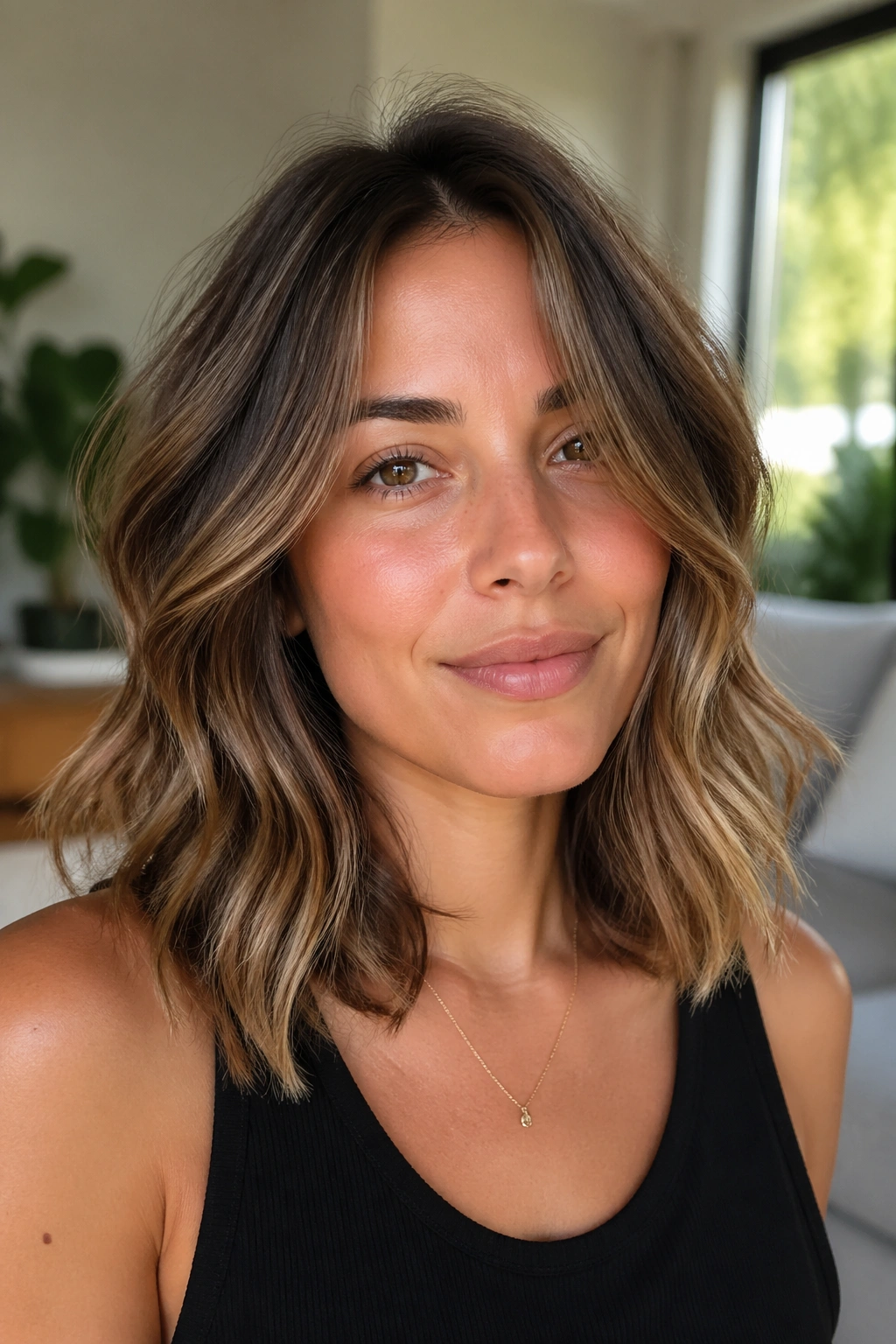 Close-up of a real woman with collarbone-length lob and loose bends.