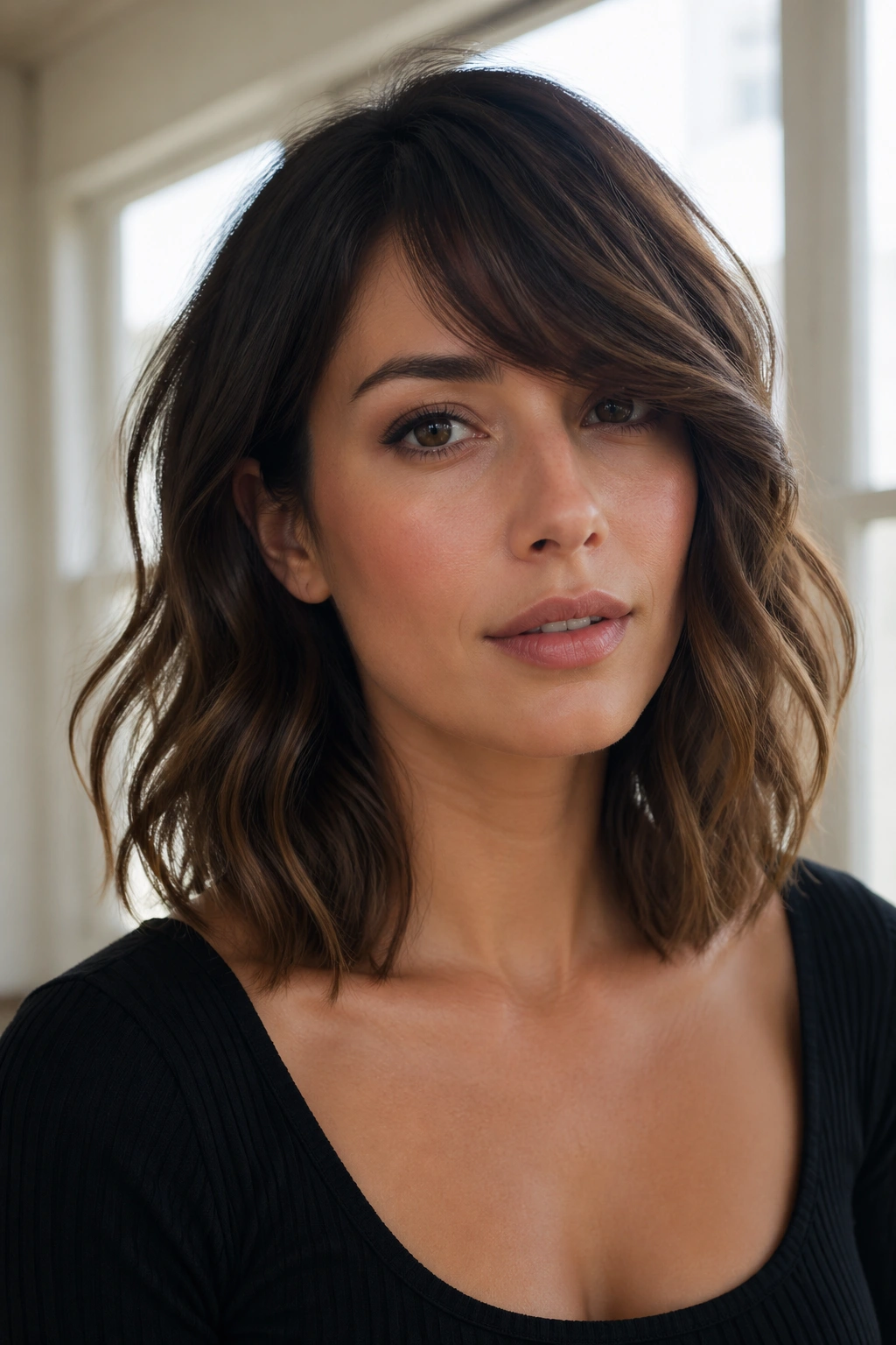 Close-up of a real person with collarbone-length lob and side-swept bangs in natural light