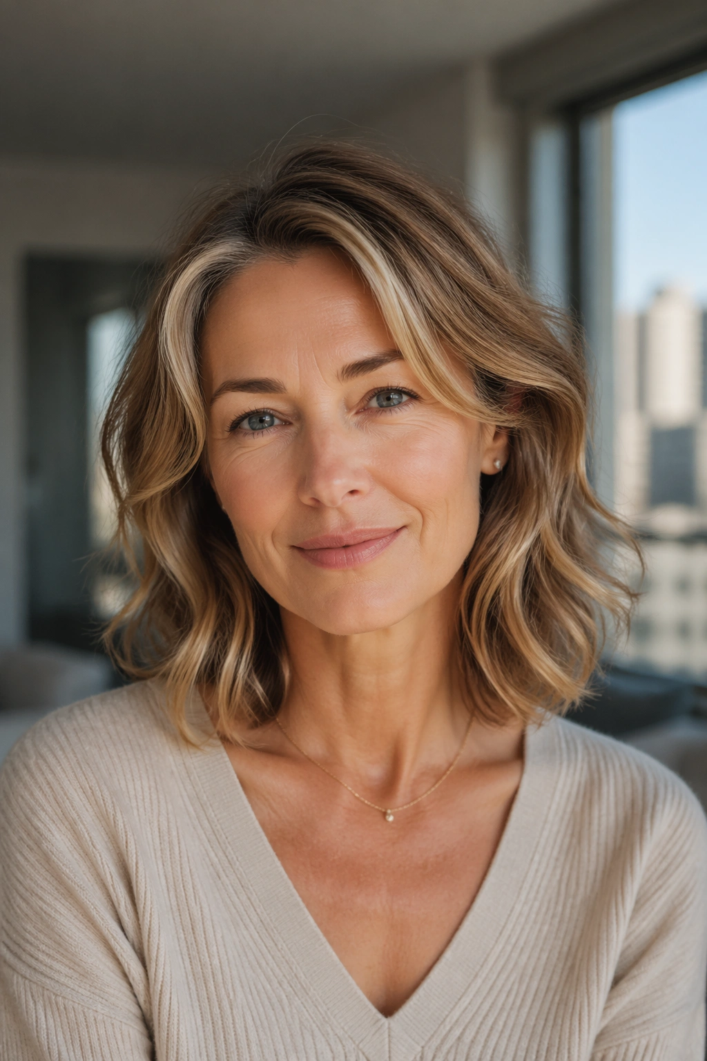 Portrait of a real woman with a collarbone-length lob and loose bends