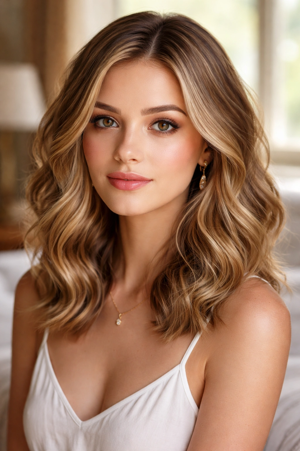 Close-up of a real person with a collarbone-length lob and soft waves in warm window light.
